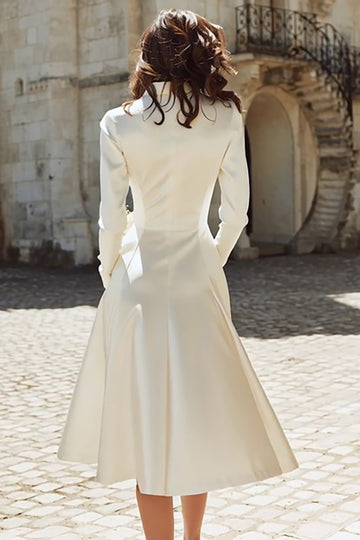 Ivory A-Line Satin V-Neck Engagement Dress